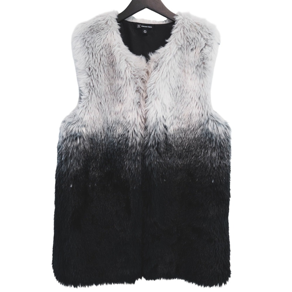 INC International Concepts Faux Fur‎ Vest Women M/L Black Gray Edgy Mob Wife